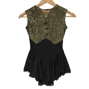 Dance Costume sz X Small Jazz, Tap, Skating One Piece Back Zipper Black Gold